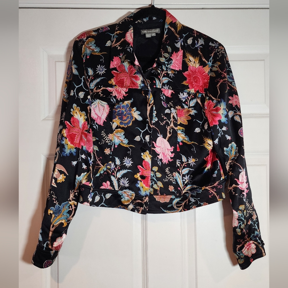 Kelly And Diane Silk Black Colorful Floral Lightweight Button Up Jacket Size 10
